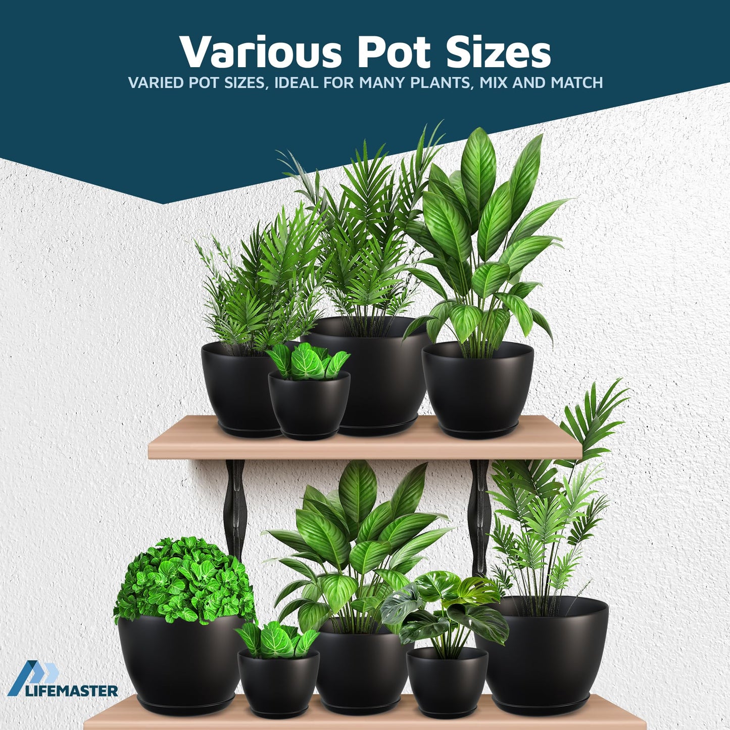 Lifemaster Plant Pots with Multi Drainage Holes - 10 Pieces Versatile, Sturdy Plastic, Stackable Design Home Decor Flower Pots for Indoor and Outdoor Gardening - Black
