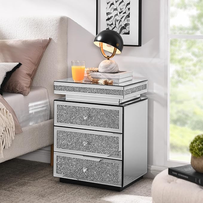 Mirrored Nightstand with 3 Drawers, Mirror End Table, Modern Bedside Table