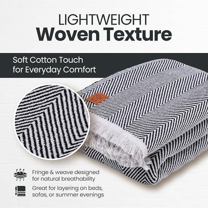 Gold Case Throw Blanket for Bed - 100% Recycled Turkish Cotton Blanket - Elegant Lightweight Soft Throw Blankets for Bed & Living Room - Queen Size Cozy Blankets - 90x90 - Black
