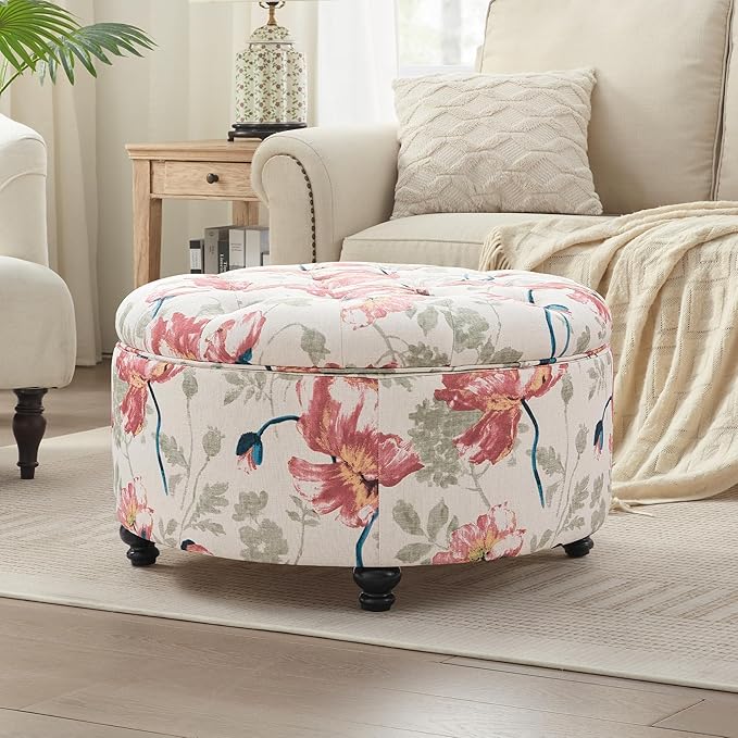 HUIMO 30-Inch Round Storage Ottoman, Modern Button Tufted Ottoman Coffee Table