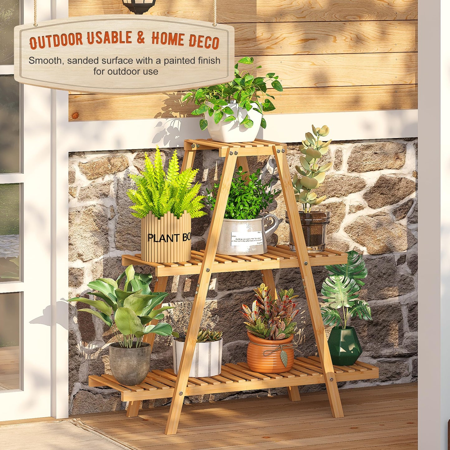 GHWIE Plant Stand Indoor Plant Shelf Outdoor bamboo Plant Rack, 3 Tiers Ladder Plant Holder Flower Stand for Living Room Balcony Garden Patio,Living Room Boho Home Decor for Gardening Gifts (Natural)