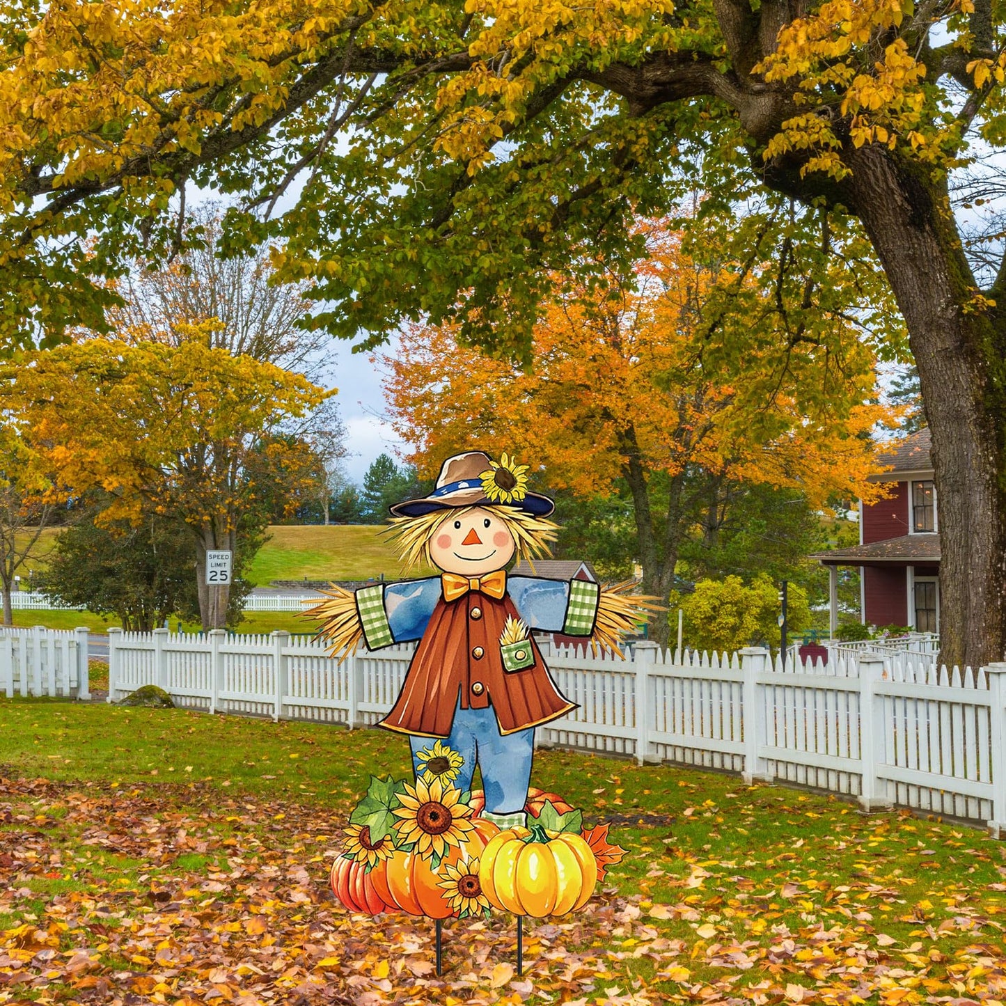JarThenaAMCS 33" H Fall Scarecrow Metal Garden Stakes Rustic Pumpkin Pile Scarecrow Decorative Lawn Sign for Autumn Thanksgiving Home Outside Lawn Porch Decor