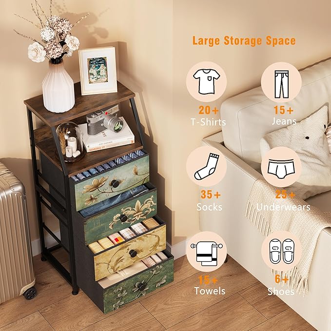 Tohomeor Dresser with Fabric Drawers Nightstand with 2 Tier Shelf Storage Tower