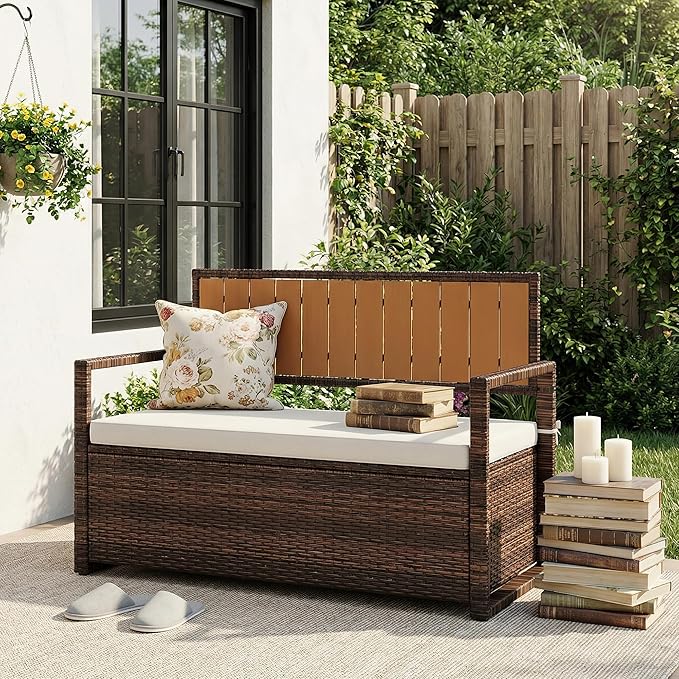 GarveeLife Wicker Storage Bench, Outdoor Rattan Stool