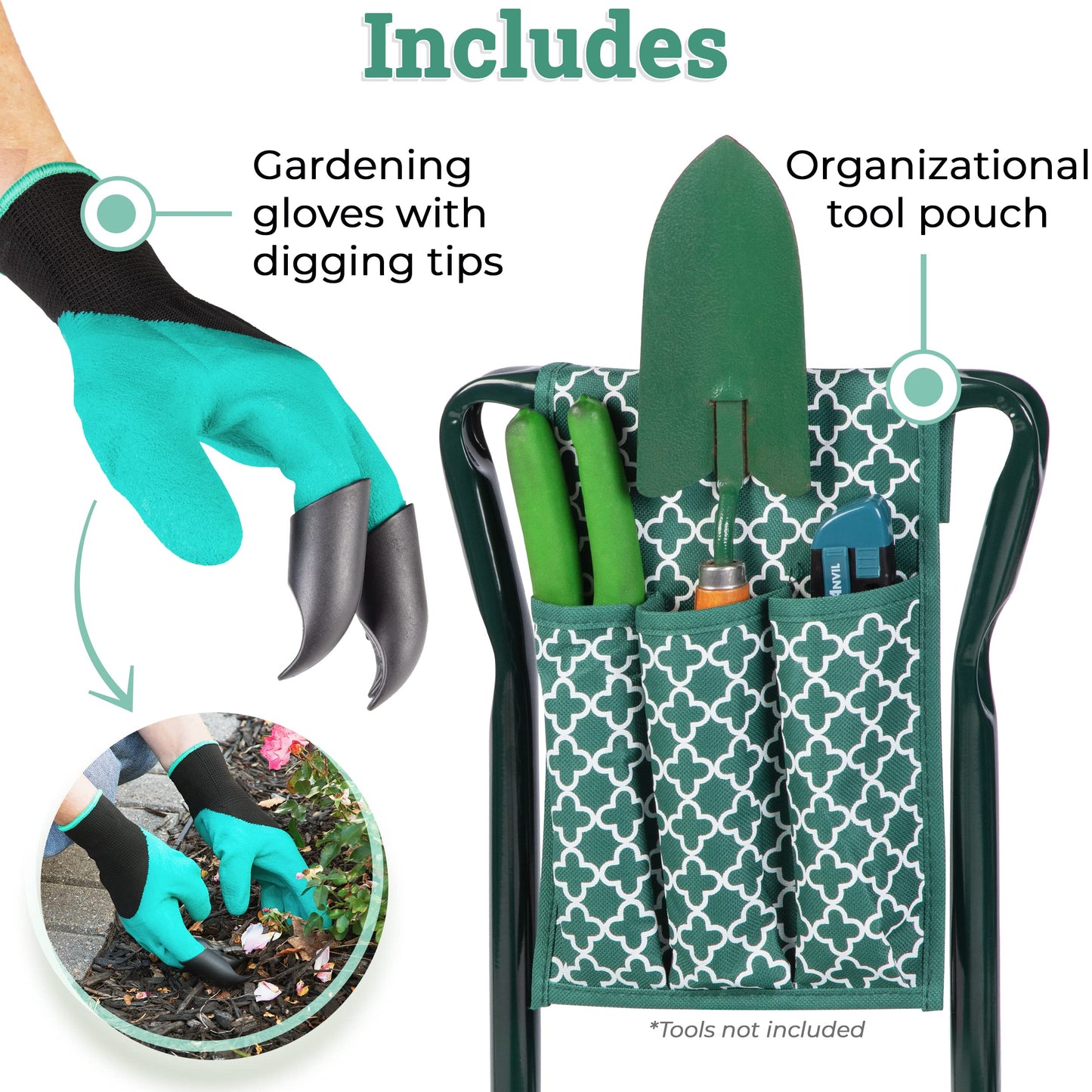 Abco Tech Garden Stool & Kneeler - Kneeler & Stool for Gardening, Foldable Garden Seat for Storage, Garden Kneelers for Seniors, Great Gardening Gifts for Women, Bench Comes with Tool Pouch & Gloves