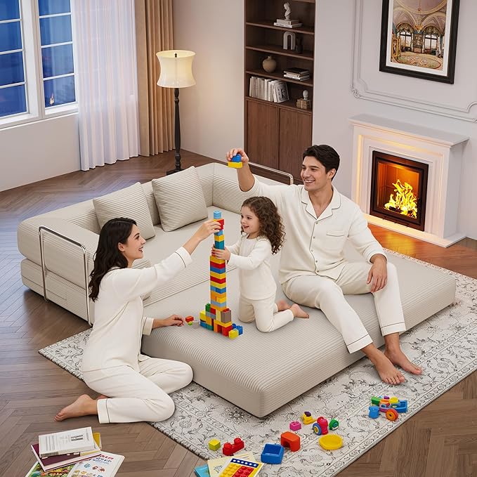 4-in-1 Foldable Sofa Bed Teddy Fabric Foam-Filled Compressed Couch, Beds Queen