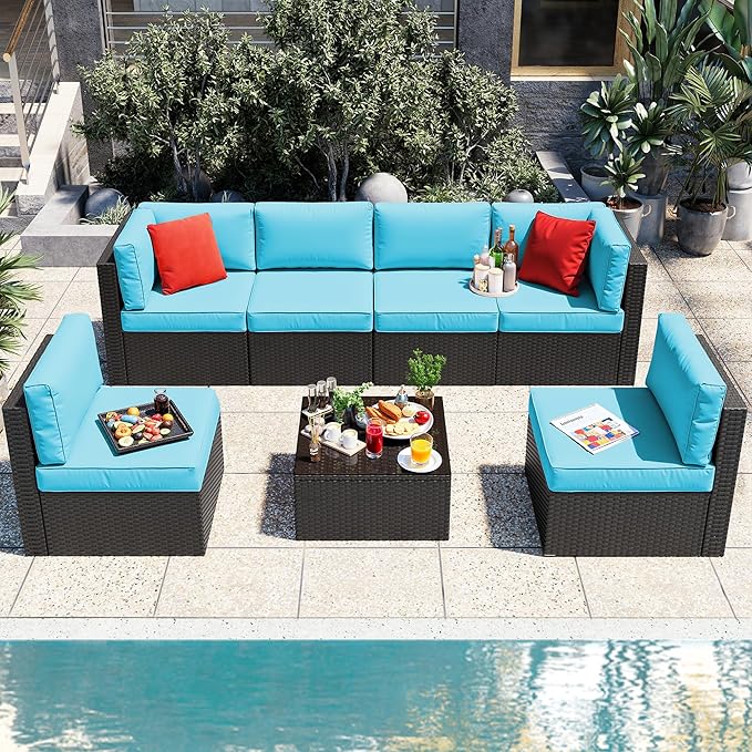 Vongrasig 7 Pieces Patio Furniture Sets, Outdoor All-Weather Wicker Patio