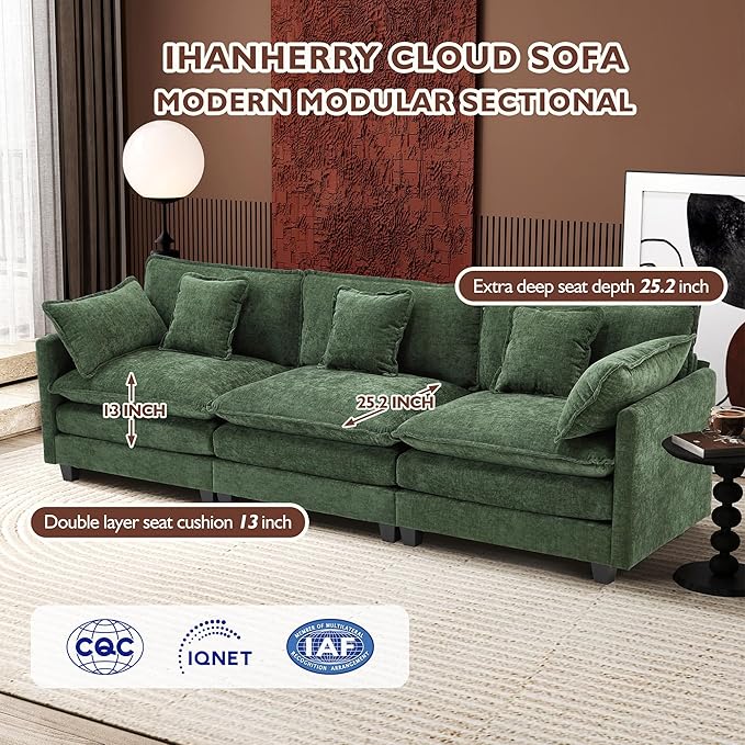 Ihanherry 111.4 Inch 3-Seater Cloud Sofa, Modular Sectional Couch, Modern Deep