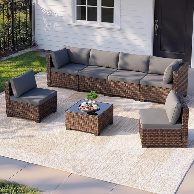 Qsun 7 Pieces Patio Furniture Set, Outdoor Sectional Rattan Sofa Set, Wicker