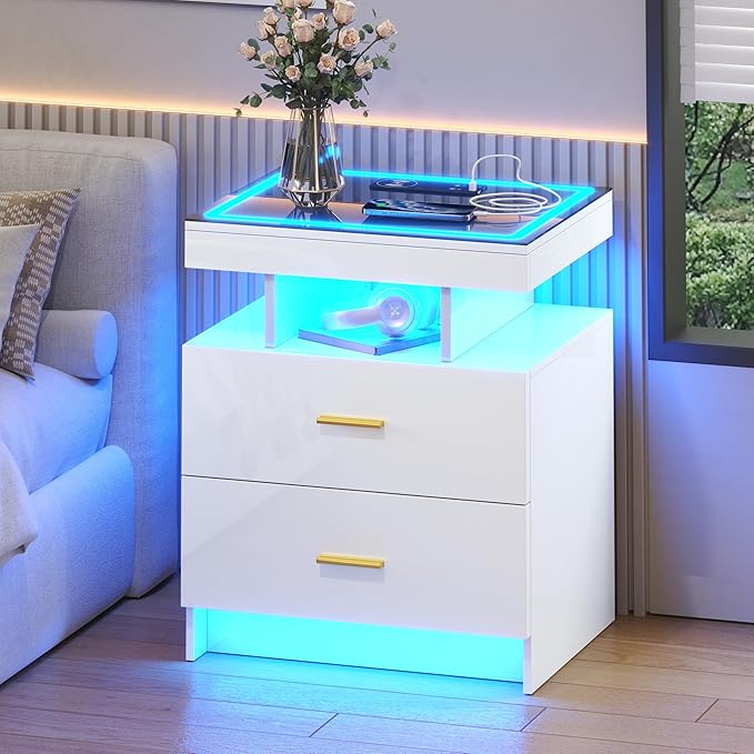 LED Nightstand with Wireless Charging Station, Glass Top Smart Bedside Table