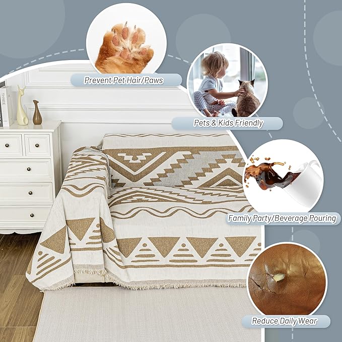 MYSKY HOME Boho Couch Cover for Dogs Washable Khaki Rhombic Couch Sofa