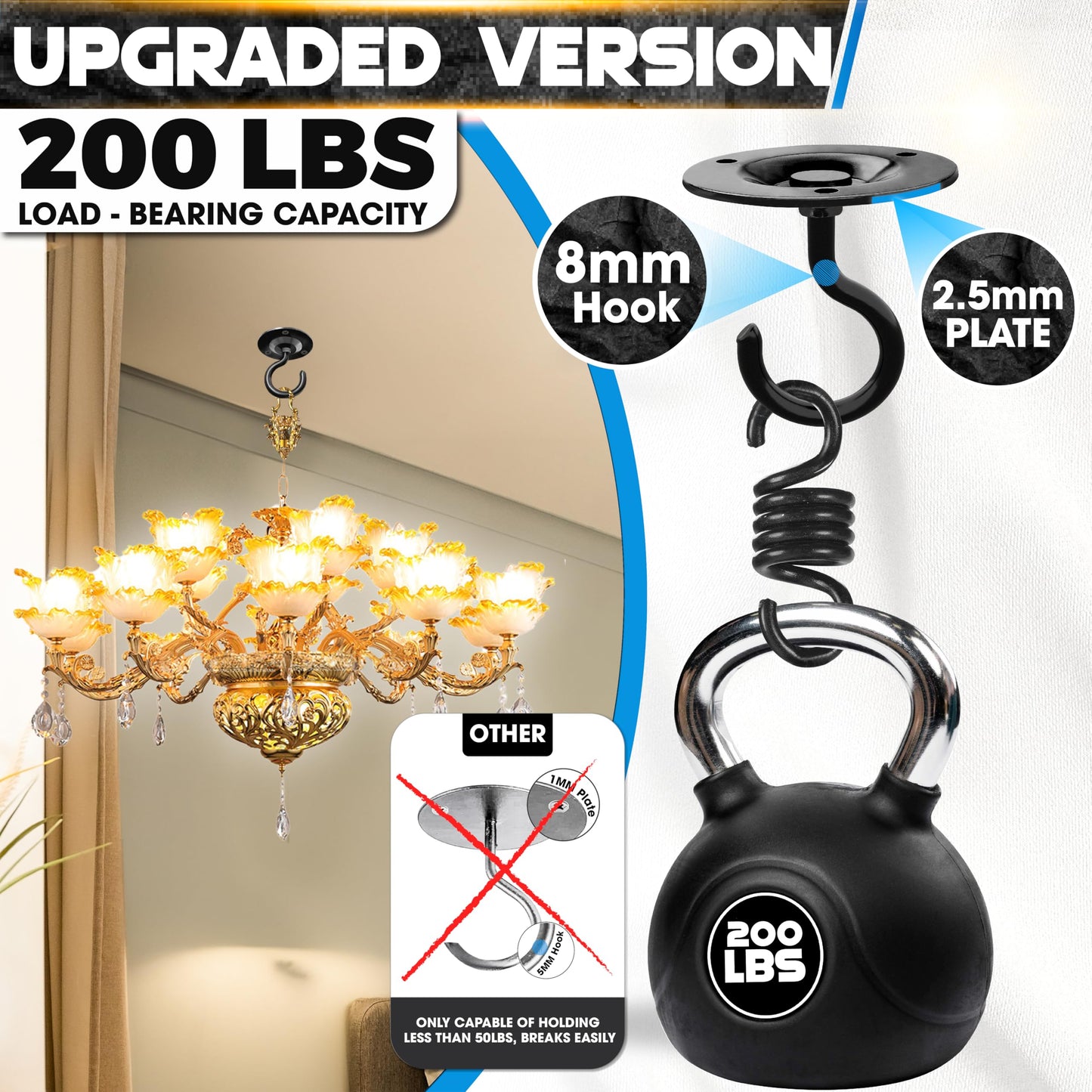 [UPGRADED] 200LBS 8Pcs Round Ceiling Hooks with Firmly Rotatable Button, Black Wall Mount Metal Hangers for Hanging Hanging Plants, Bird Feeder, Lantern, Lights, Wind Chime, Indoor Outdoor Decor