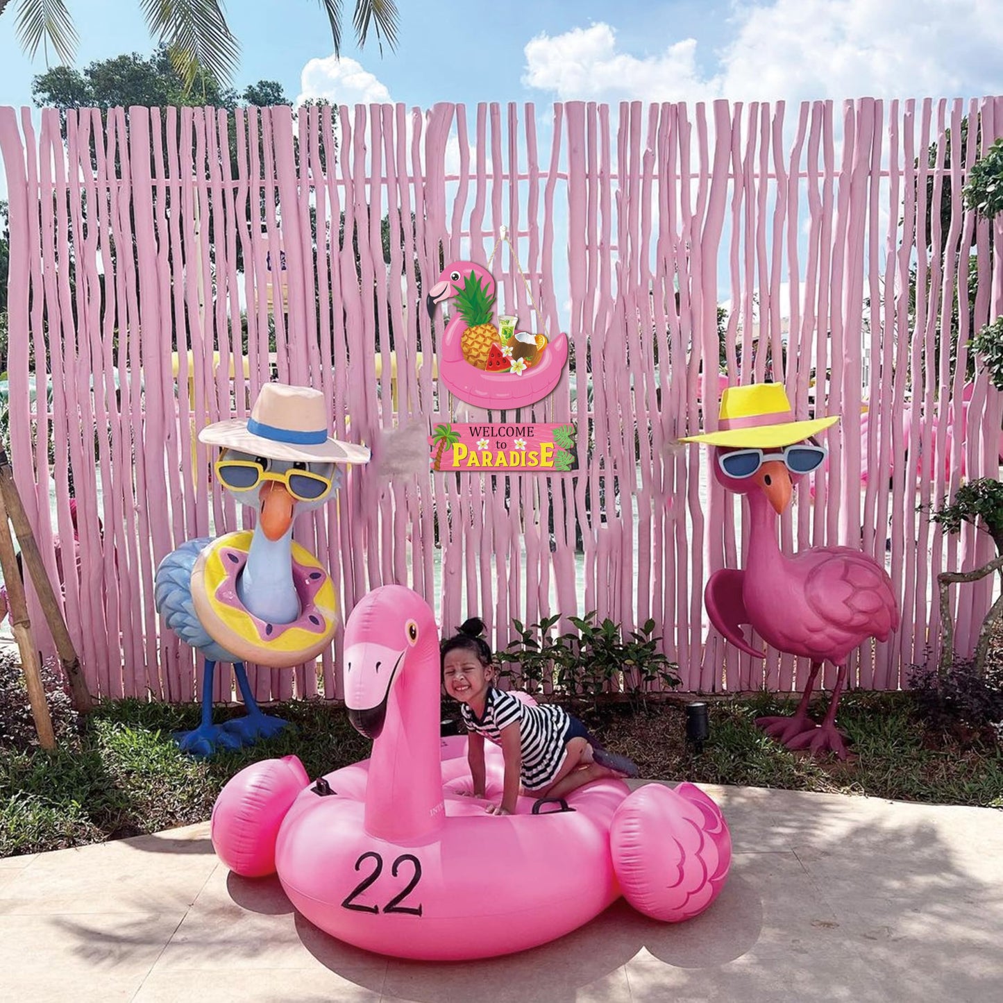 HOURIA Welcome to Paradise Door Sign(16”*11.4”), Pink Flamingo Hawaiian Summer Beach Wall Hanging Sign, Summer Coastal Tropical Fruit Coconut Tree Door Decor for Front Door Porch Pool Yard Beach Bar