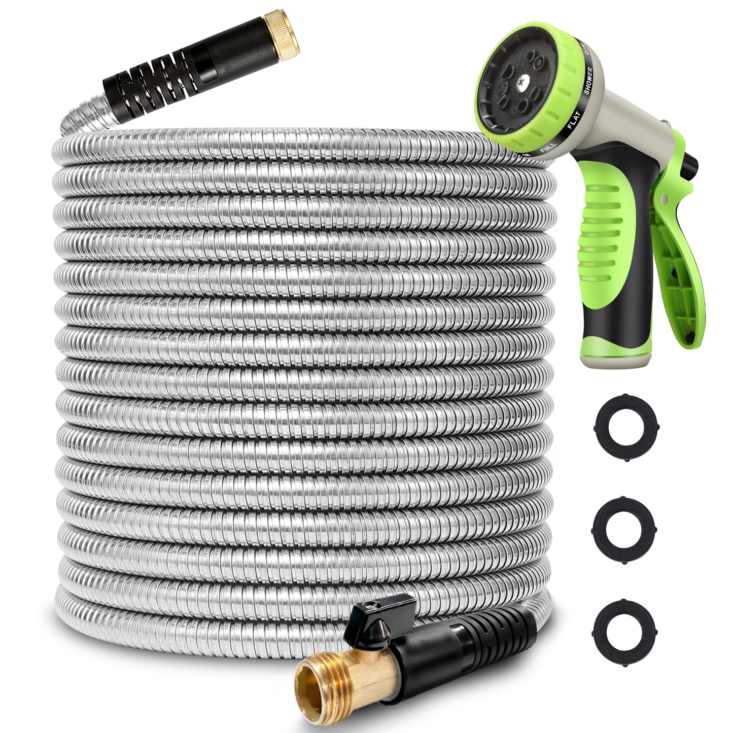 WHOBUY 25FT Metal Garden Hose 304 Stainless Steel Flexible Water Hose - No Kink & Tangle Heavy Duty Pipe with Nozzle, Durable 3/4 Brass Fittings and Valve - Rust Proof Puncture Proof for Yard Lawn