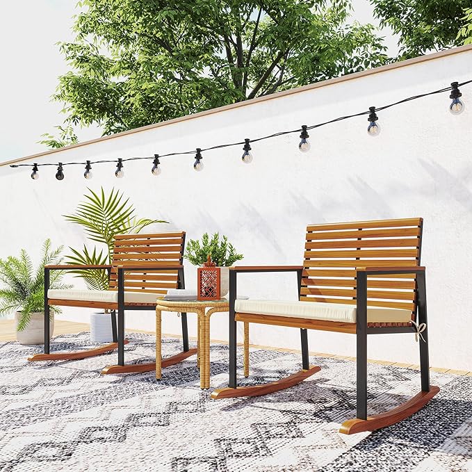 Outsunny Outdoor Rocking Chair Set of 2, Acacia Wood Outdoor Rockers
