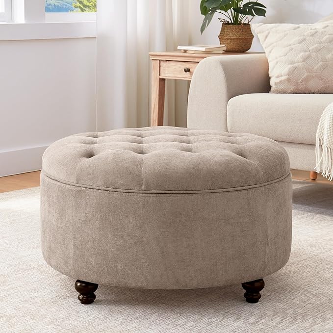 HUIMO 30-Inch Round Storage Ottoman, Modern Button Tufted Coffee Table