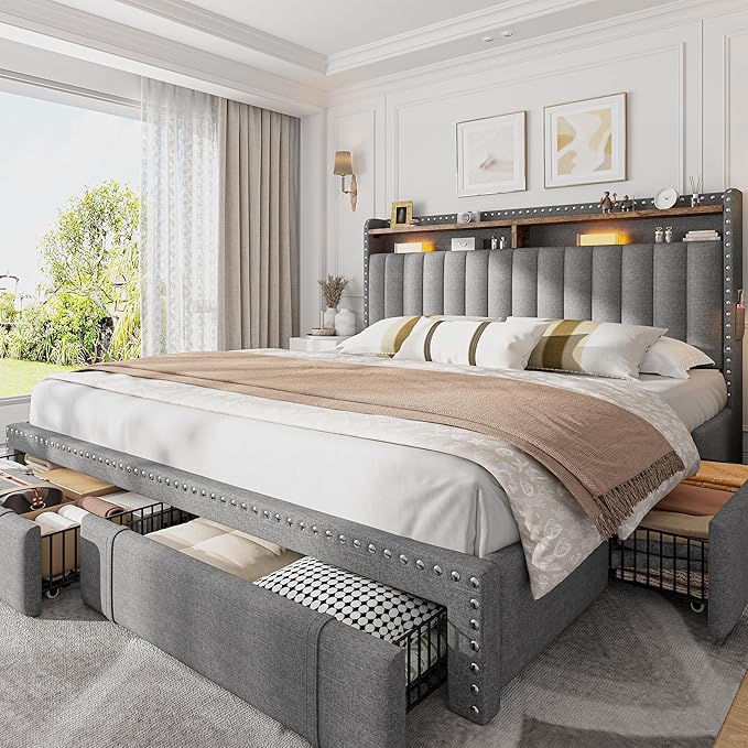EnHomee Upholstered King Size Bed Frame