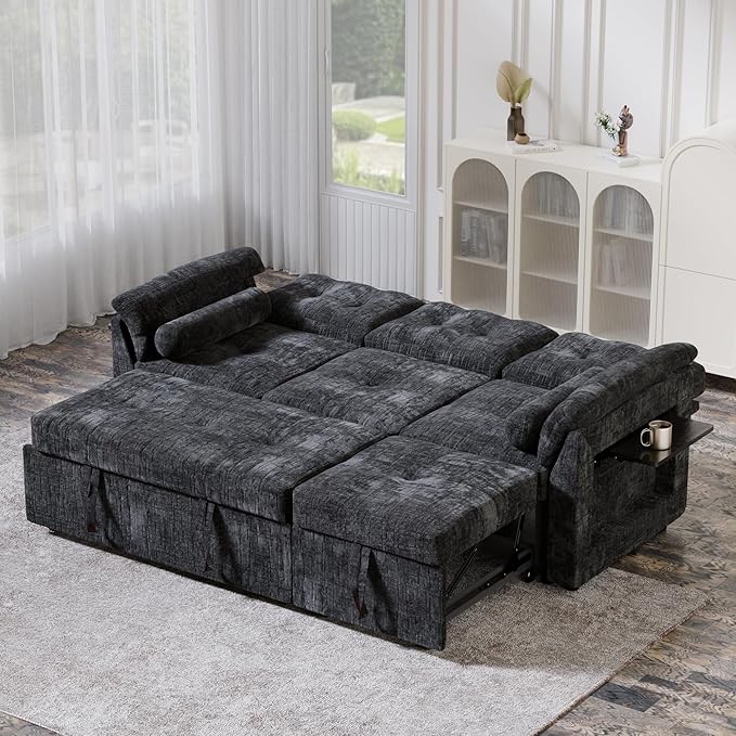 Convertible Sleeper Sofa Bed, 63 Inch Chenille Pull Out Couch