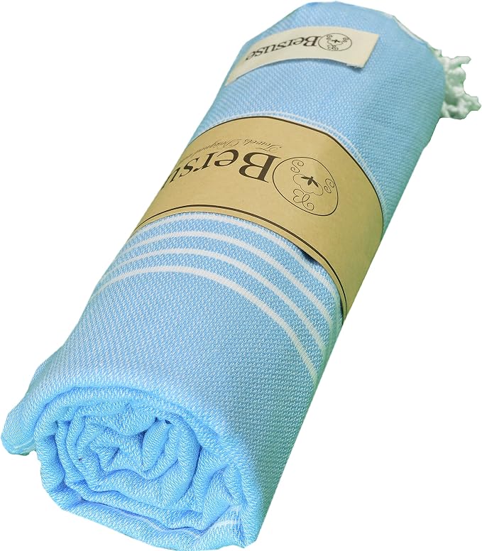 Bersuse Towels Anatolia XL Beach Blanket Throw Blanket Turkish Towel 100% Cotton Extra-Large Quick-Dry Lightweight Premium Peshtemal Towel - 61x82 Inches, Blue