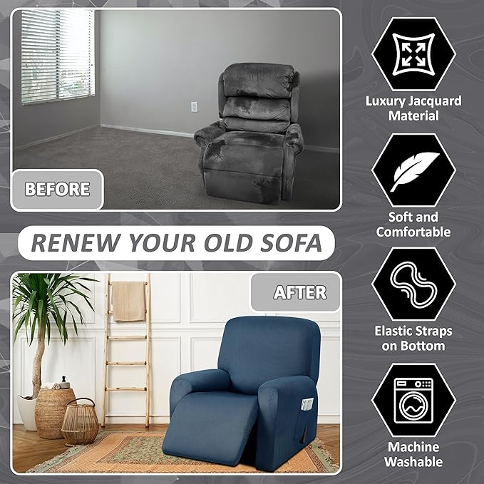 ULTICOR 4-Piece, 1 Seat Recliner Cover, Yarn Dyed Reclining Chair Covers