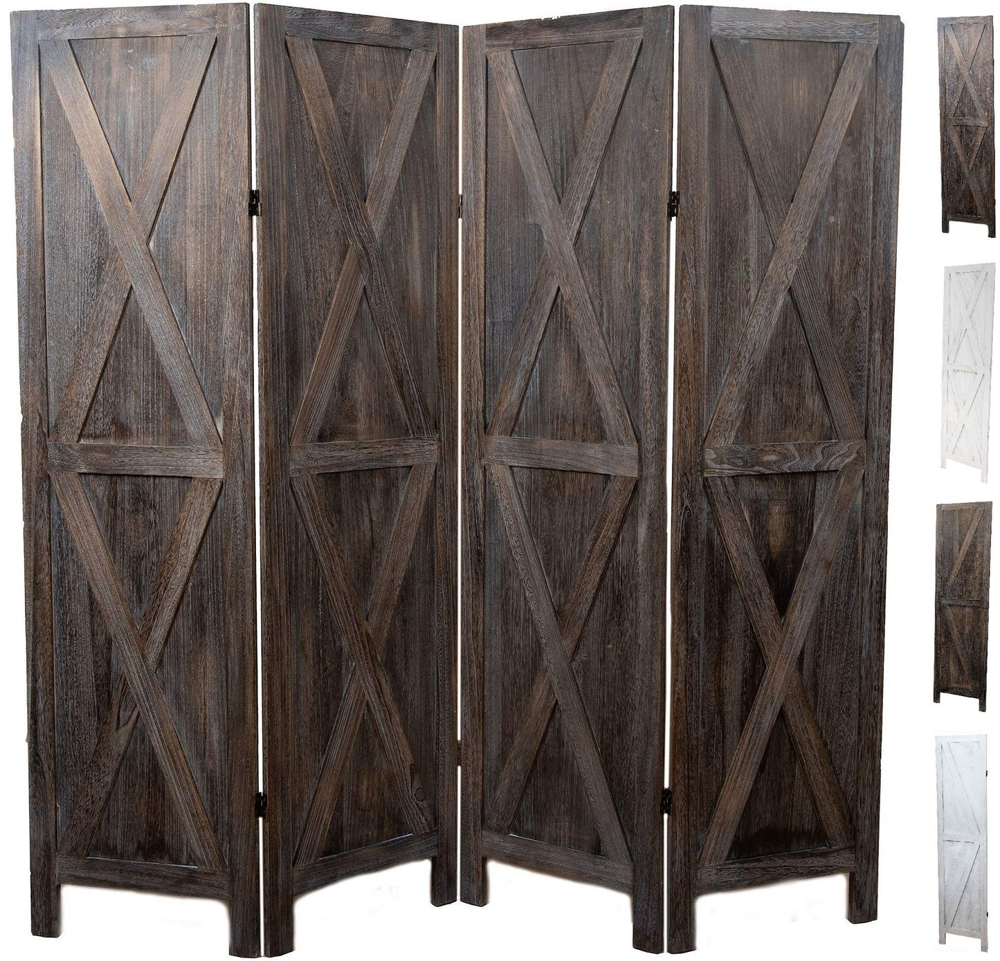 Premium Home 4-Panel Room Divider – Rustic Brown Barn Door, X Pattern Folding Privacy Screen, Partition Wall