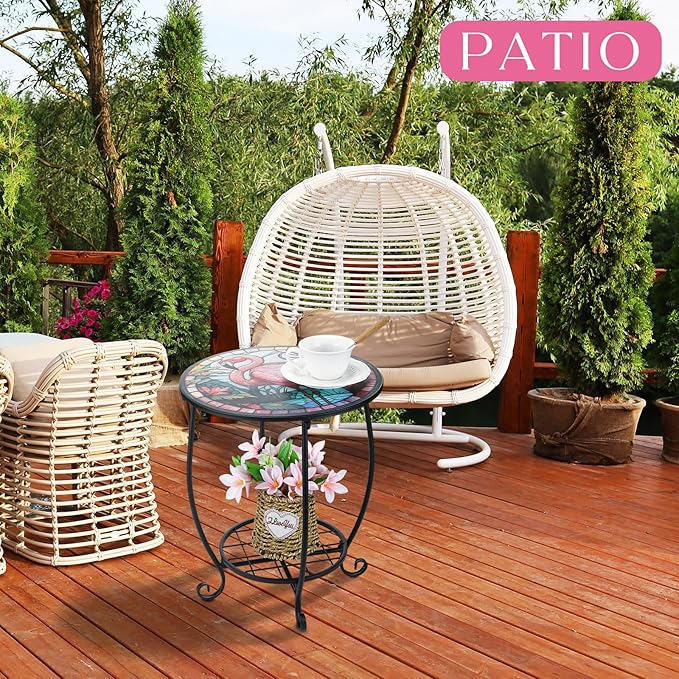 Cinnvoice Outdoor Side Table Round Small Mosaic Patio Accent Indoor End Plant
