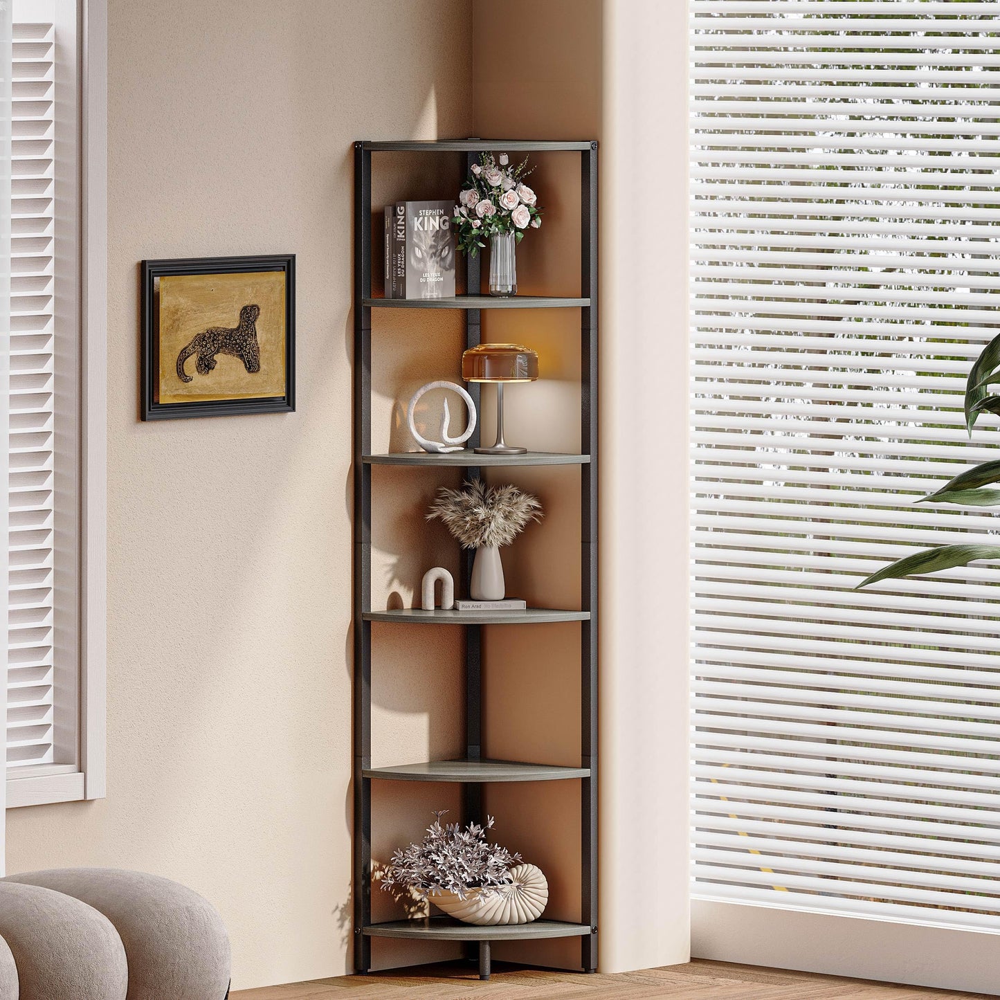 IRCPEN 6 Tier Corner Shelf 63.1" Tall Corner Shelves Stand Ladder Shelf Grey Woodgrain Industrial Standing Bookshelf Organizer Display Rack Bookcase Plant Stand for Living Room Bedroom CS-001GW