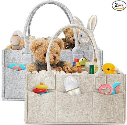 HIPHOP PANDA 2-Pack Diaper Caddy Organizer - Newborn Essentials Baby Registry Must Haves - Sturdy Nursery Storage Bin & Portable Car Caddy for Diapers & Wipes - Grey/Oatmeal Gift Set