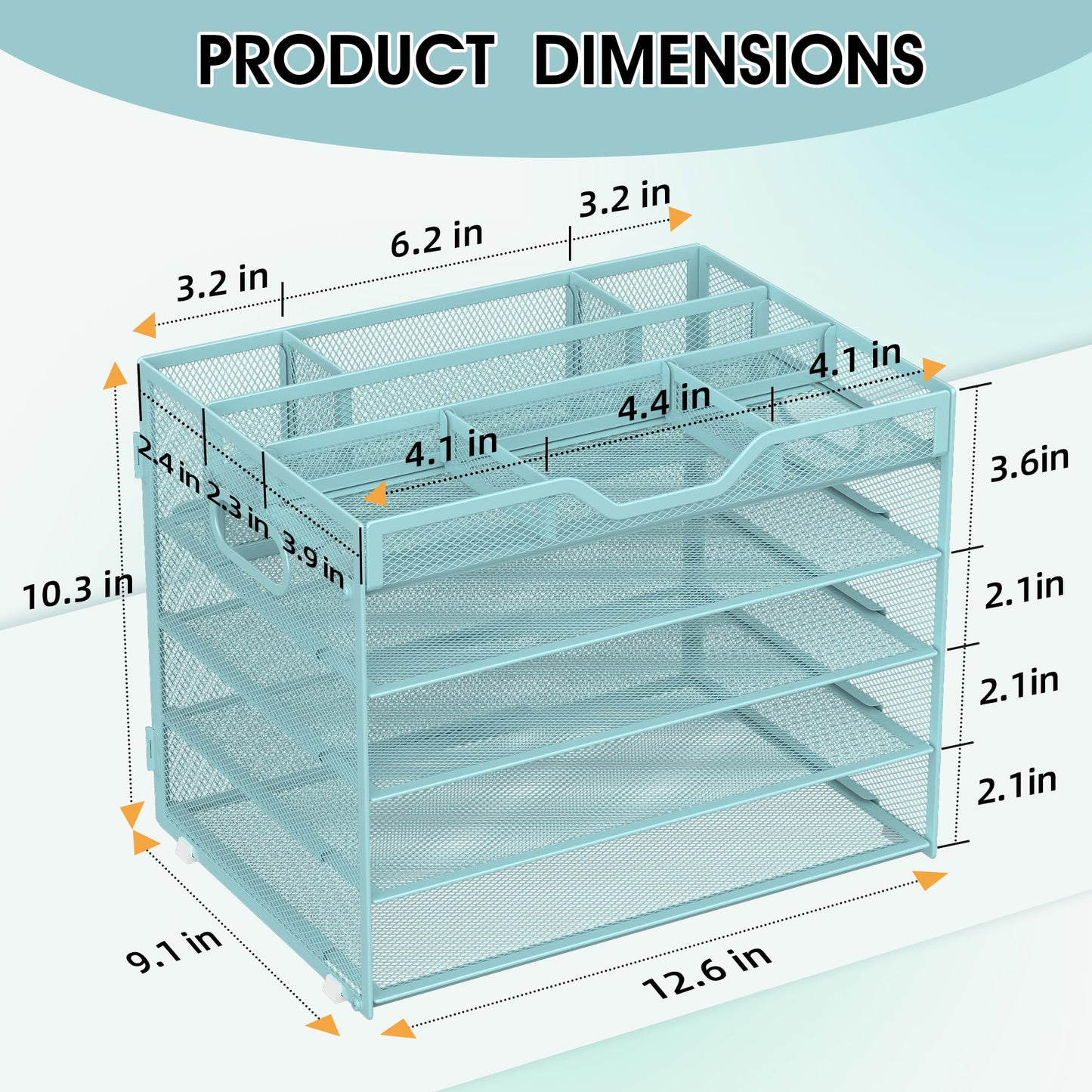 OrgMate 5 Tier Paper Letter Tray with 3 Drop-in Pen Holders, Mesh Desk File Organizer with Handle, Desk Organizers and Accessories for School,Home, Office Supplies Storage-Blue