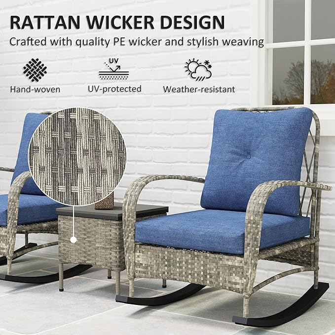 Outsunny 3 Piece Wicker Patio Furniture Set, PE Rattan Rocking Chairs