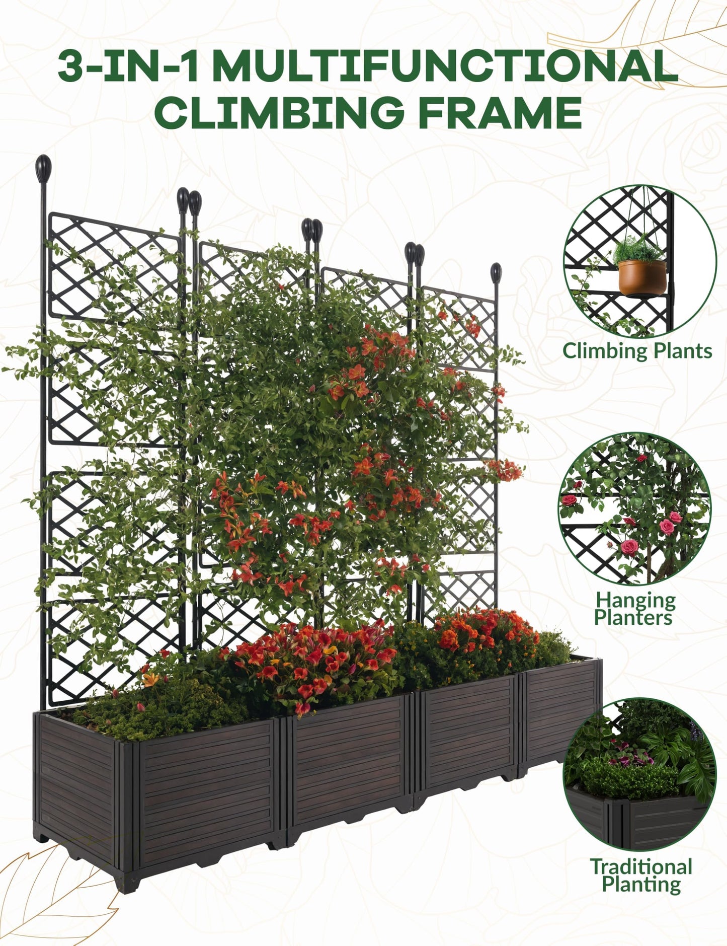 BouPower 4pcs Raised Garden Bed with Trellis & Privacy Screen, 63" h Tall Vertical Planter Box for Climbing Plants, Outdoor Garden Planter Box with Drainage Holes for Patio Balcony, Black
