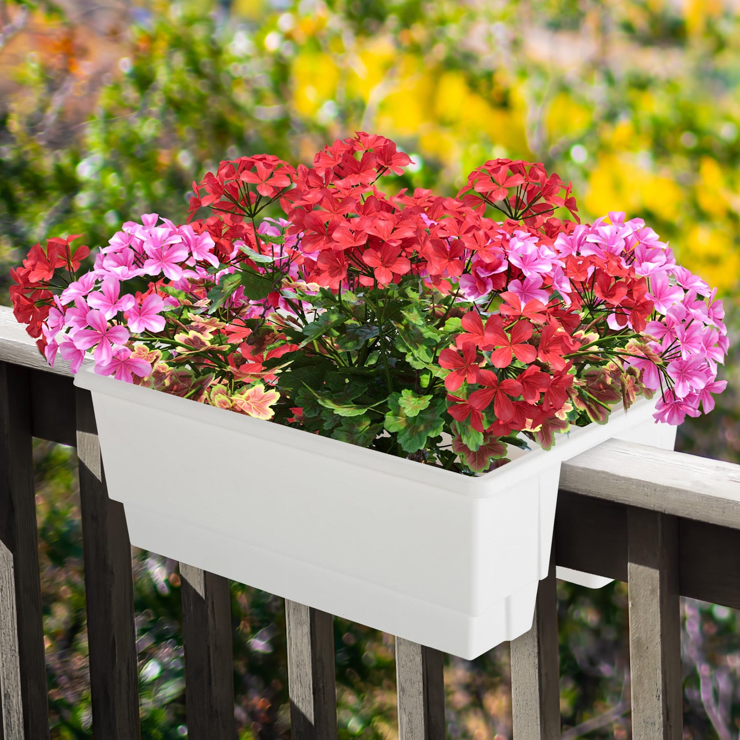 Railing Planter Box 2-Pack - 20.75-Inch Flower Boxes with Removable Drainage Inserts - 6-Gallon Outdoor Planters for Porch, Deck, or Balcony Decor, Fits Rail 3” - 4” by Pure Garden (White)
