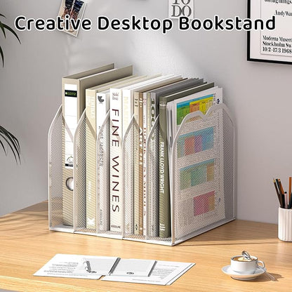 White 5-Section File Folder Organizer for Desk – 8.5"×9.3" Metal Vertical File Holder, Desktop File Organizer Vertical Stand, Letter/A4 Upright File Sorter