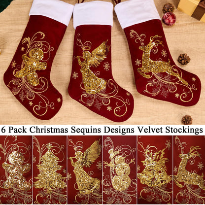 Roycraft Christmas Stockings Set of 6 Velvet Gold 19 inches Red Sequins Christmas Stockings Fireplace Hanging Ornament for Family Decorations Holiday