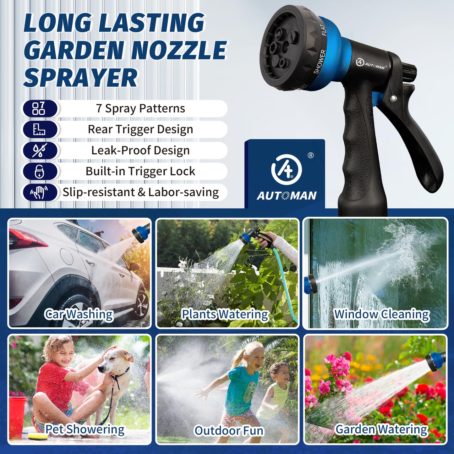 AUTOMAN-Garden-Hose-Nozzle, 2 Pack ABS Water Spray Nozzle with Heavy Duty 7 Adjustable Watering Patterns,Slip Resistant for Watering Plants,Lawn& Garden,Washing Cars,Cleaning,Showering Pets - Blue