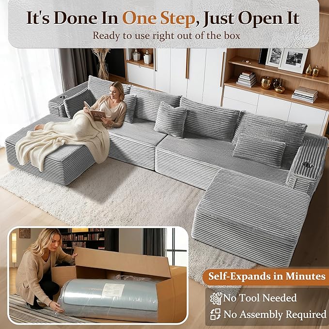 138" Oversized Cloud Sectional Couch, Comfort U Shaped Boneless Couch