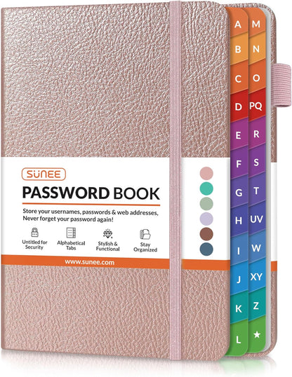 SUNEE Password Keeper Book with Colorful Alphabetical Tabs, Small Pocket Password Book for Internet Website Address Login, Gifts for Home and Office, 4''x 6''- Rose Gold