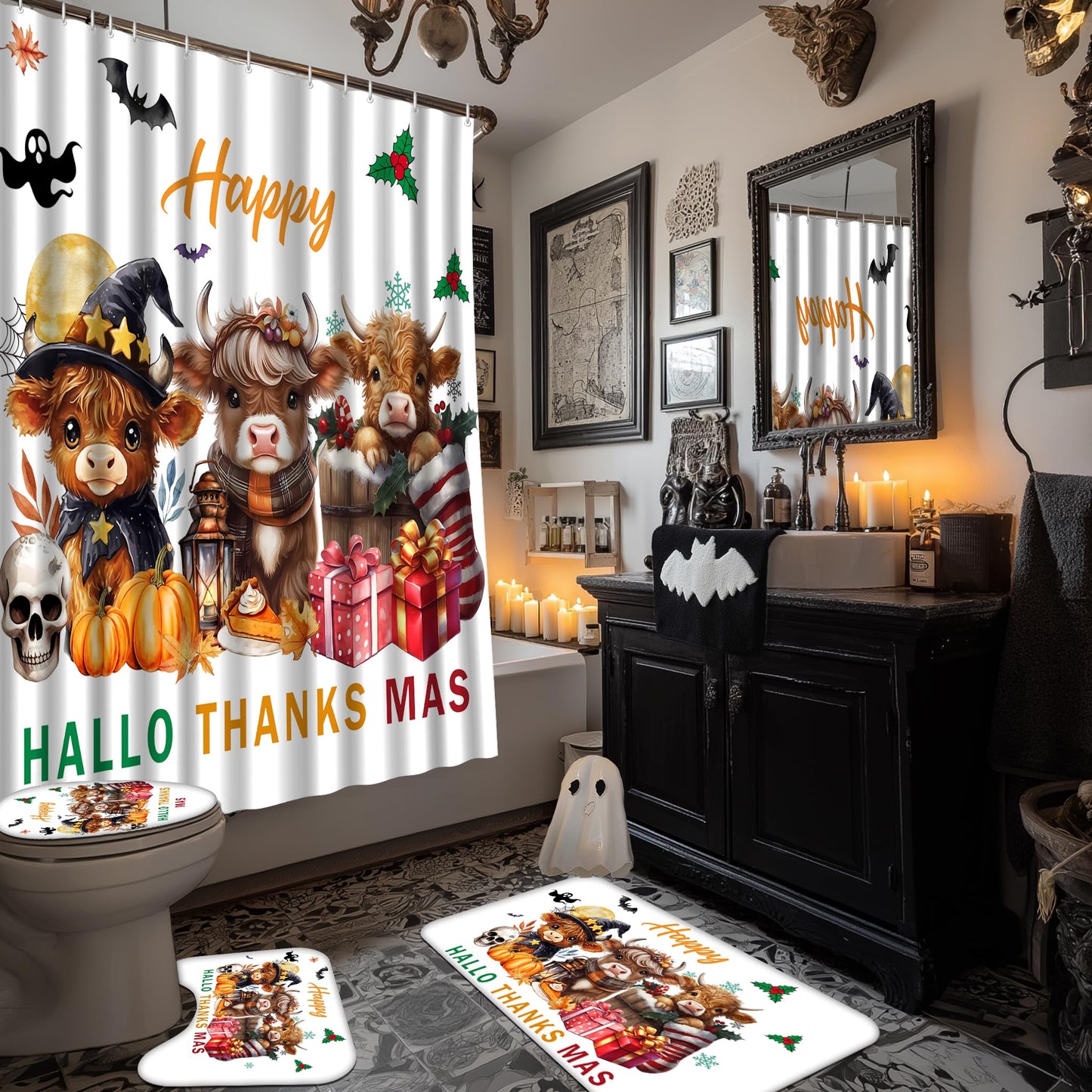 Aperturee Highland Cattle Calves Shower Curtain Set 72x72 Inch, Witch & Autumn Costumes with Halloween, Thanksgiving & Christmas Decor, Includes Bath Mat, U-Shape Rug, Toilet Cover & 12 Rustic Hooks