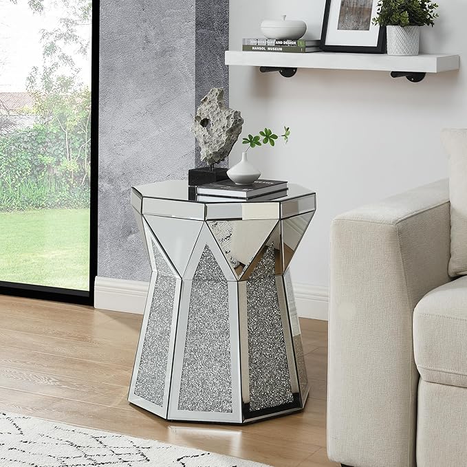 Drum End Table with Mirror Crystal, Modern Design Luxury Furniture, 20 inch