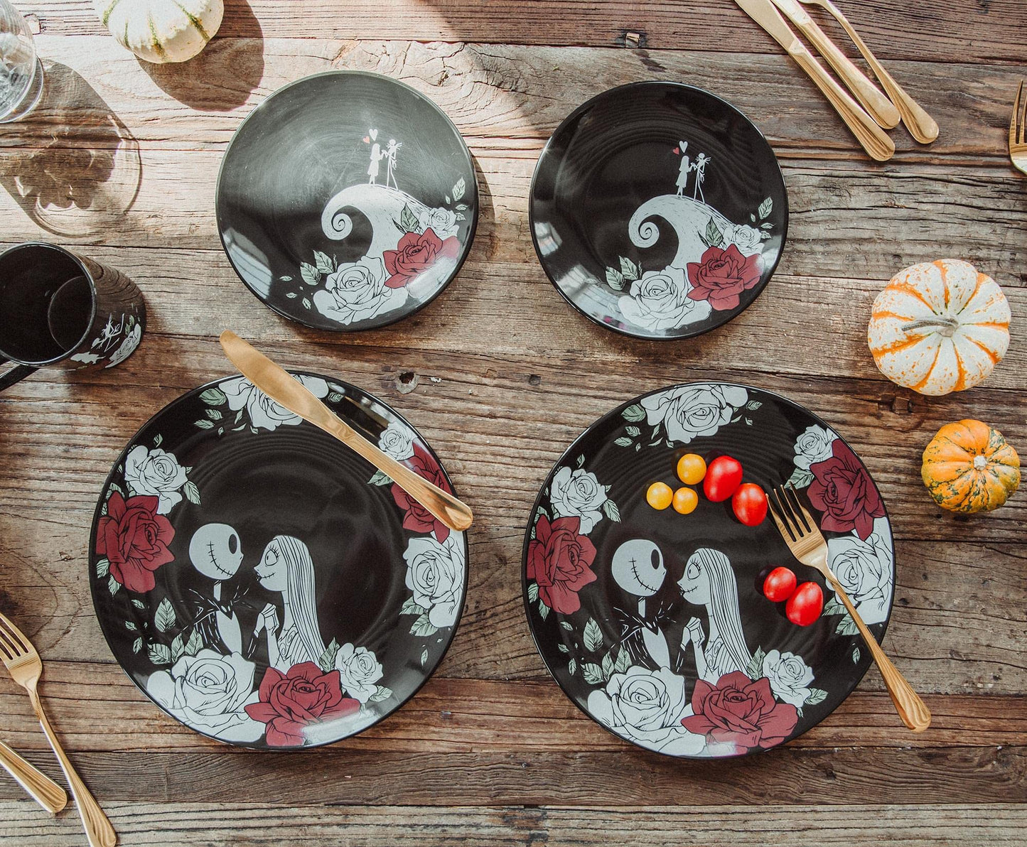 Disney The Nightmare Before Christmas Jack and Sally Roses 16-Piece Ceramic Dinnerware Set | Includes Salad Plates, Bowls, Mugs