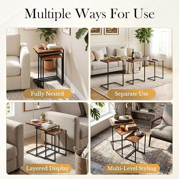 SUPER DEAL Nesting Tables Set of 3, Industrial C Shaped End Table Stackable