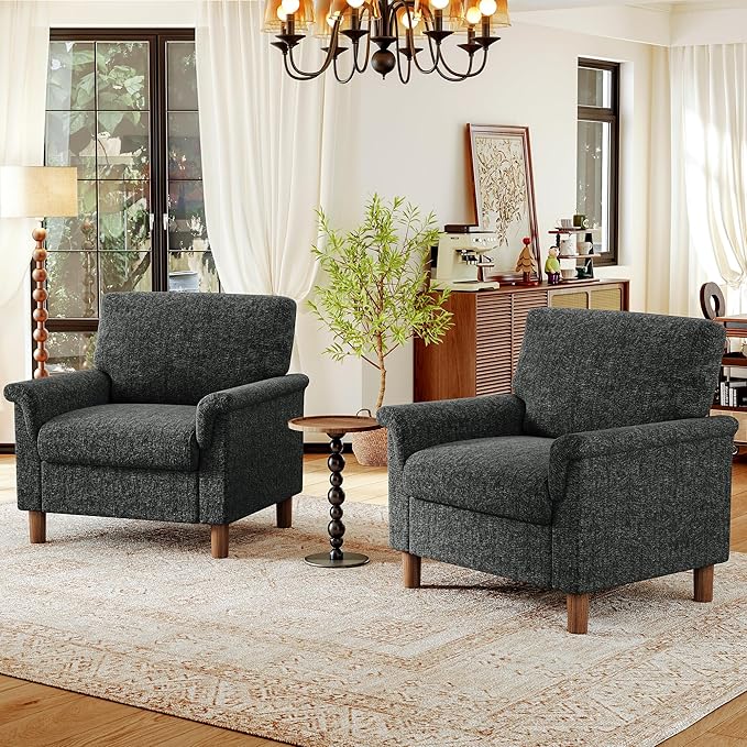 Mid Century Modern Accent Chairs Set of 2, Chenille Comfy Living Room Arm Chairs