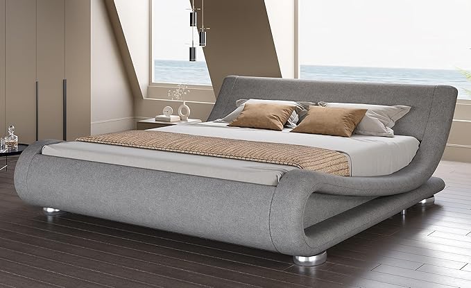 SHA CERLIN King Size Upholstered Bed Frame, Deluxe Low Profile Sleigh Bed
