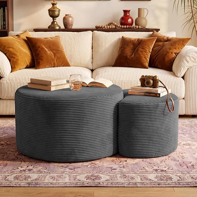 BSHOMGI Boneless Ottoman Nesting Coffee Table Set of 2, Corduroy Soft Foot Rest