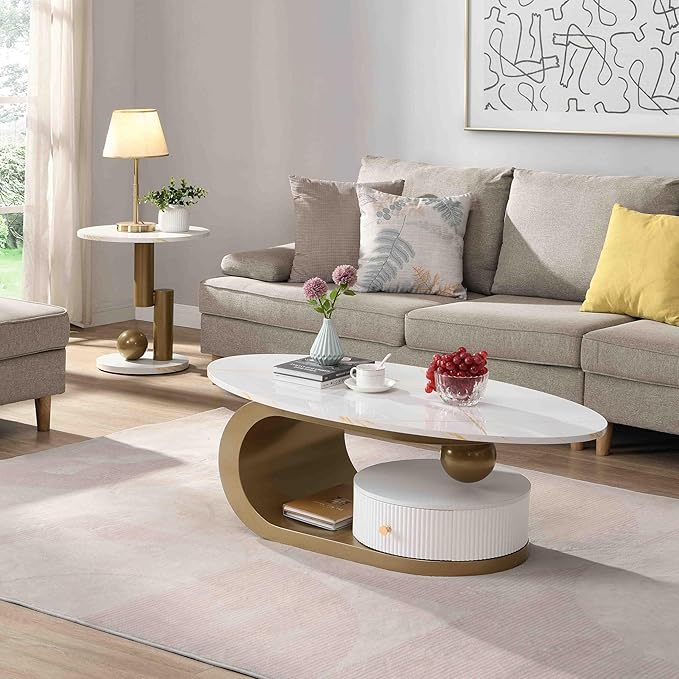 Modern Oval Coffee Table Set of 2, Faux Marble Coffee Table and Round End Table