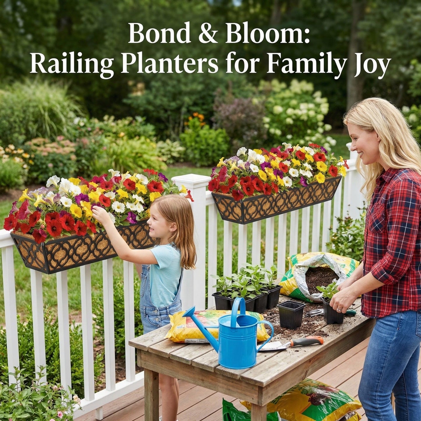 LAWYAMAI 4 Pack 30 Inch Railing Planter Box with Coco Liner, Adjustable Metal Window Box Planter for Balcony Deck Fence, Hanging Flower Basket for Outdoor Garden, Black