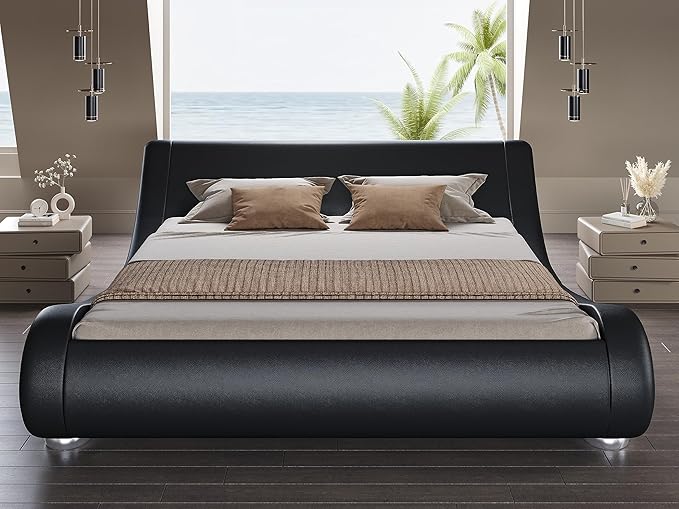 SHA CERLIN King Size Upholstered Bed Frame, Deluxe Low Profile Sleigh Bed
