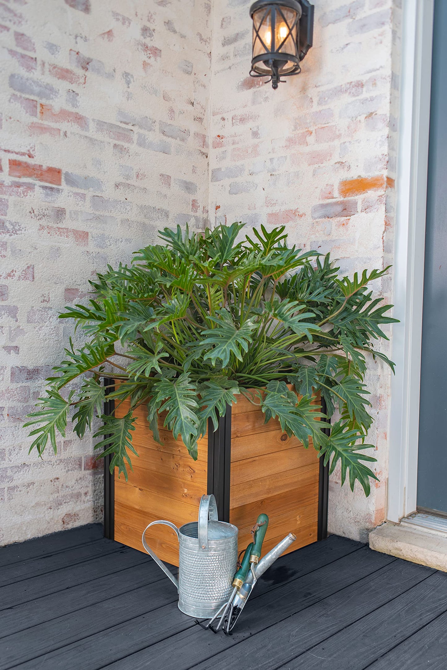 Vita Mezza 22 inch Square Cedar Wood Cube Planter, Golden Brown, Black Aluminum Posts, FSC, Pre-Stained, Insect and Pest Rrepellant, VT17711