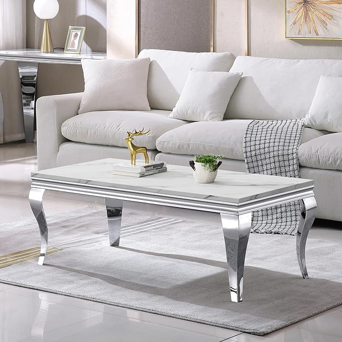 Henf 47" Modern White Faux Marble Coffee Table