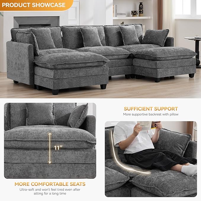 111'' Sectional Cloud Deep Seat Couch, Oversized Chenille U Shaped Sectional